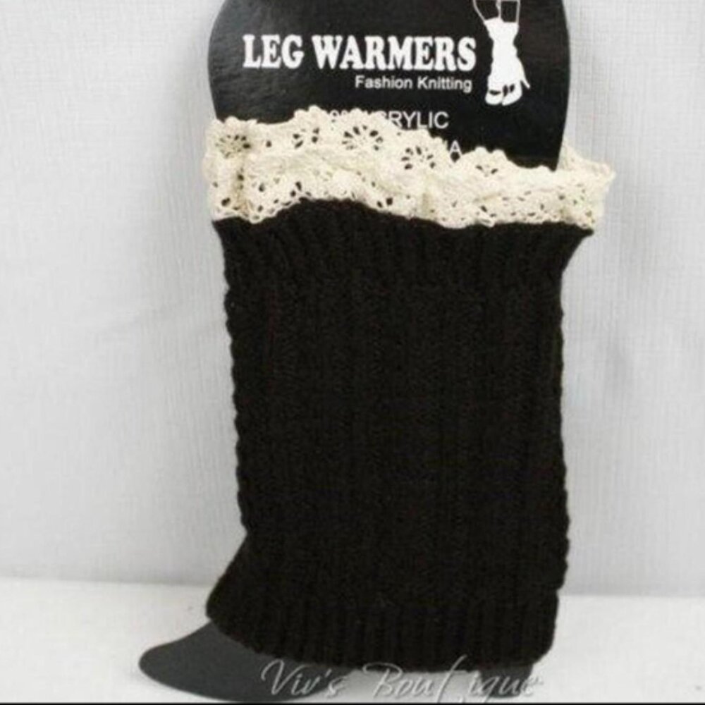 Brown Cable Knit Boot Cuffs Leg Ankle Warmers Lace Trim Women's One Size